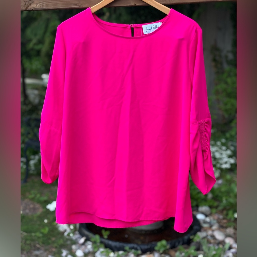 Hot Pink Top, ruffle sleeves, Joseph Ribkoff Pink Blouse Relaxed Boxy Style